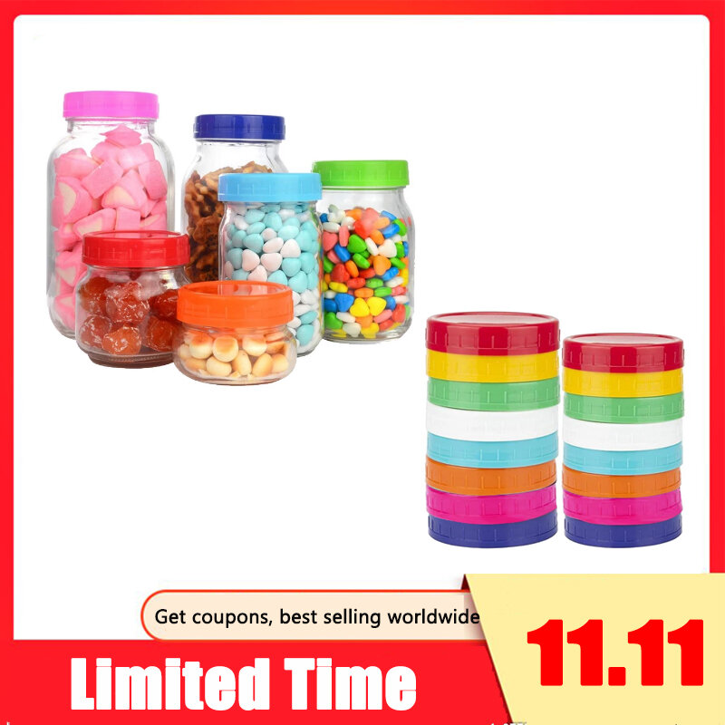 16 Pack tapas de plástico Mason Jar de colores-8 boca ancha y 8 tapas de albañil de bola de la boca Regular, tapas de almacenamiento de alimentos antideslizantes