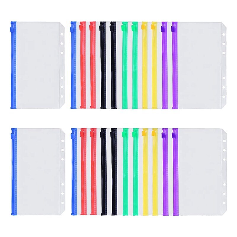 24Pcs Waterproof PVC Binder Pockets A6 Size Multicolor Zipper Cash Envelopes For 6-Ring Notebook Binder Planner