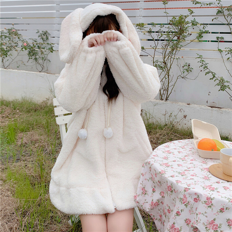 Kawaii uszy królika z kapturem płaszcze japońska koreańska dziewczyna ciepłe kobiety kurtka jesień zima nowe słodkie miękkie Lambswool Ruffles parki biały
