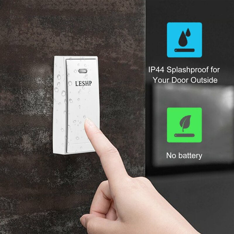 LESHP ติดตั้งง่าย Music Wireless Doorbell 150M ระยะทางรีโมทคอนโทรล Night Light 58ชิ้นคอร์ดเพลง2ปลั๊ก