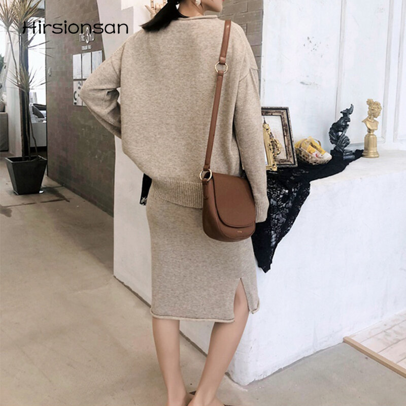 Hirsionsan Winter Casual Knitted Sweater Suits Women Soft O-neck Tops and Dress Two Peice Sets Female Solid Loose Outfits Lady