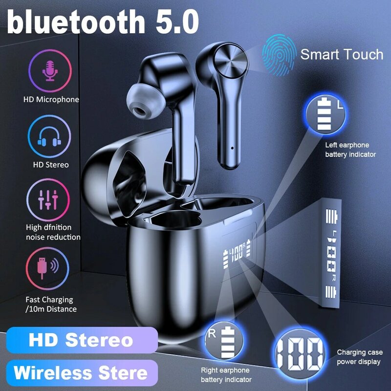 Fones de ouvido bluetooth 5.0 t9 tws com caixa de carregamento sem fio, hd estéreo, à prova d'água, esportivo, com microfone