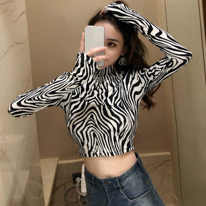 Nova moda sexy de alta rua senhoras zebra leopardo animal impressão camisas feminina gola alta manga longa estiramento zebra feminino topos s1