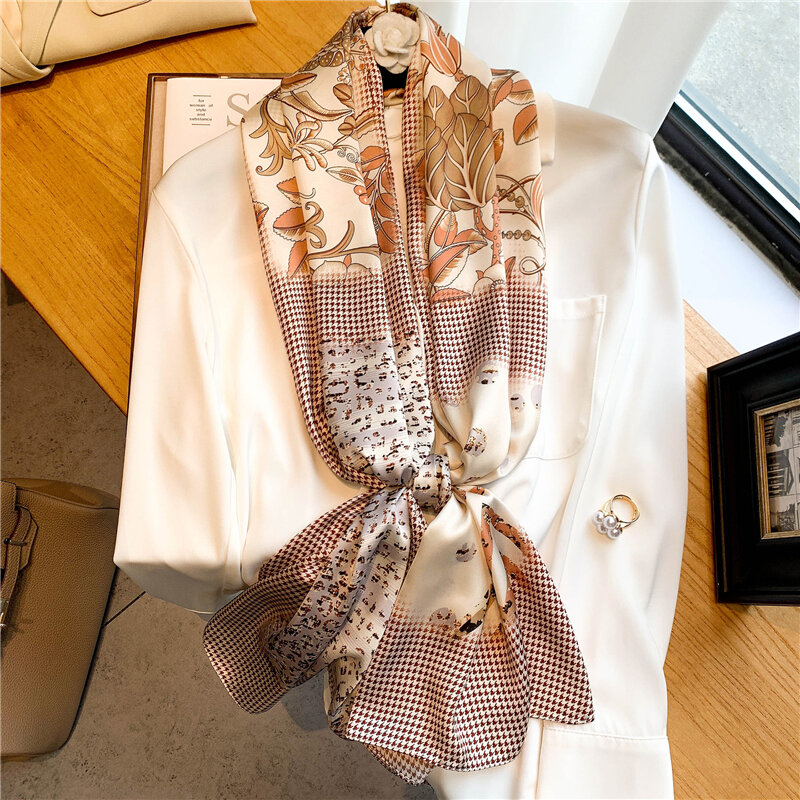 Bufanda delgada de seda satinada para mujer, pañuelo estampado, chales de muñeca, Foulard, turbante silenciador, novedad de 2021