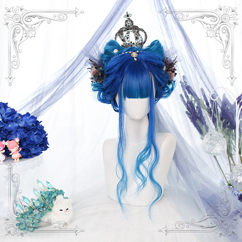 Female Long Wavy Bangs Blue Wig Hair Tail Gradual Change Of Light Color Women Natural Slight Curly Wigs Cosplay Party