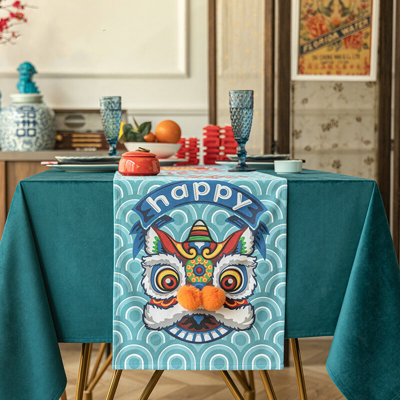 Dunxdeco toalha de mesa para jantar brinquedo, toalha de mesa bordada com leão tradicional chinês à prova d'água