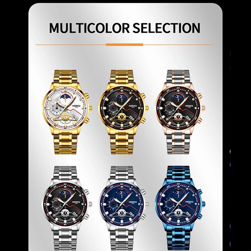 Nibosi 2021 relógio masculino 3atm à prova dwaterproof água relógios de moda homem negócios aço inoxidável relógio de quartzo relogio masculino