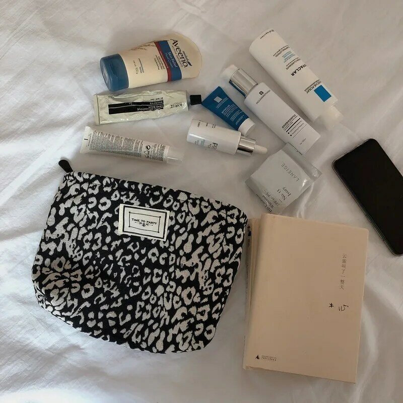 Bolso de mano con cremallera para mujer, bolsa de almacenamiento móvil de cosméticos, organizador de lona para maquillaje y artículos de tocador, color blanco y negro
