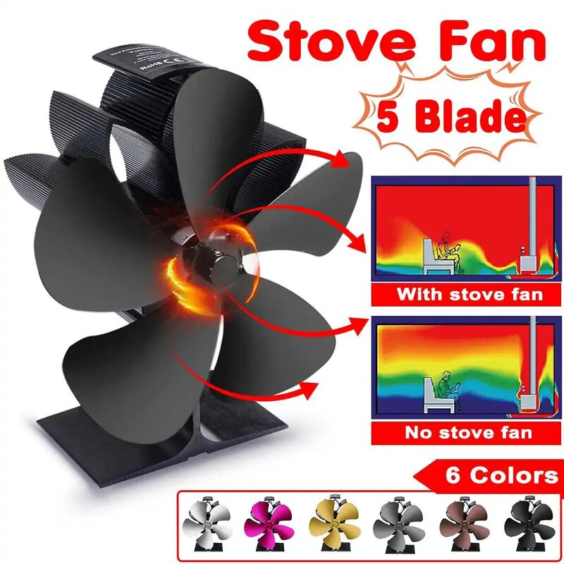 Black Fireplace Fan 5 Blades Heat Powered Stove Fan Log Wood Burner Ecofan Quiet Home Fireplace Fan Efficient Heat Distribution