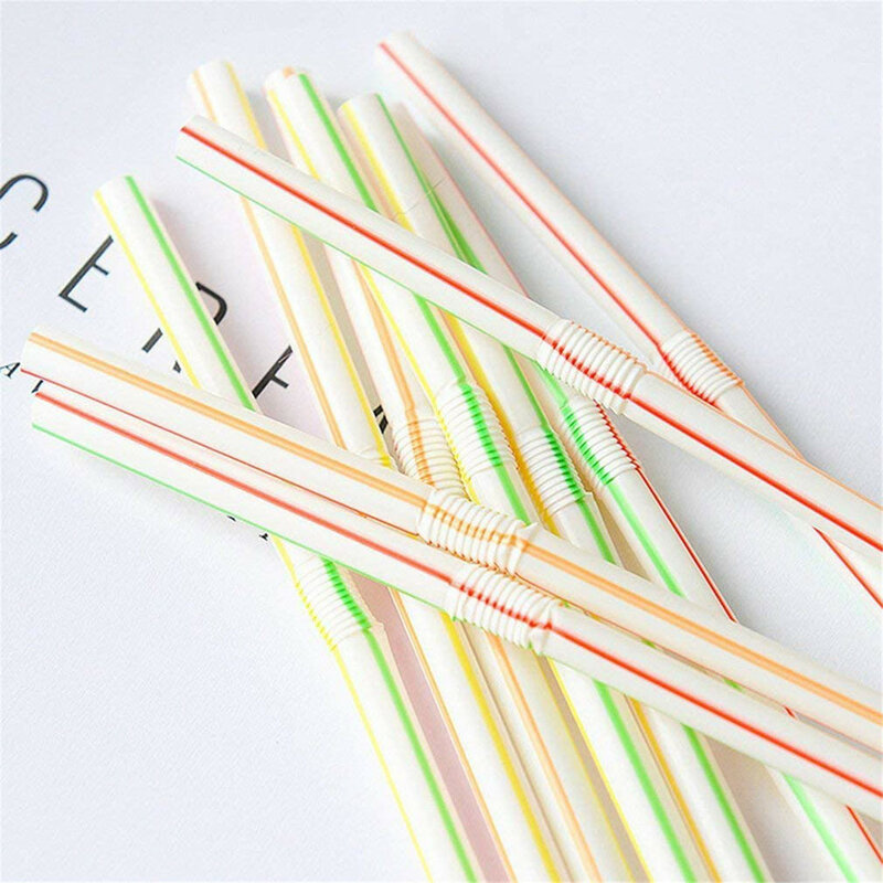 100pcs Disposable Plastic Drinking Straws Multi-colored Striped Bendable Elbow Straws Party Event Alike Supplies Color Random
