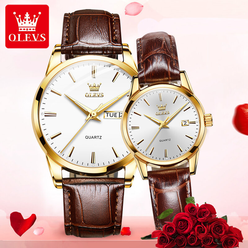 OLEVS-커플 손목 시계, 남성과 여성 석영 방수 캐주얼 캘린더 가죽 시계, 발렌타인데이 로맨틱 선물 세트