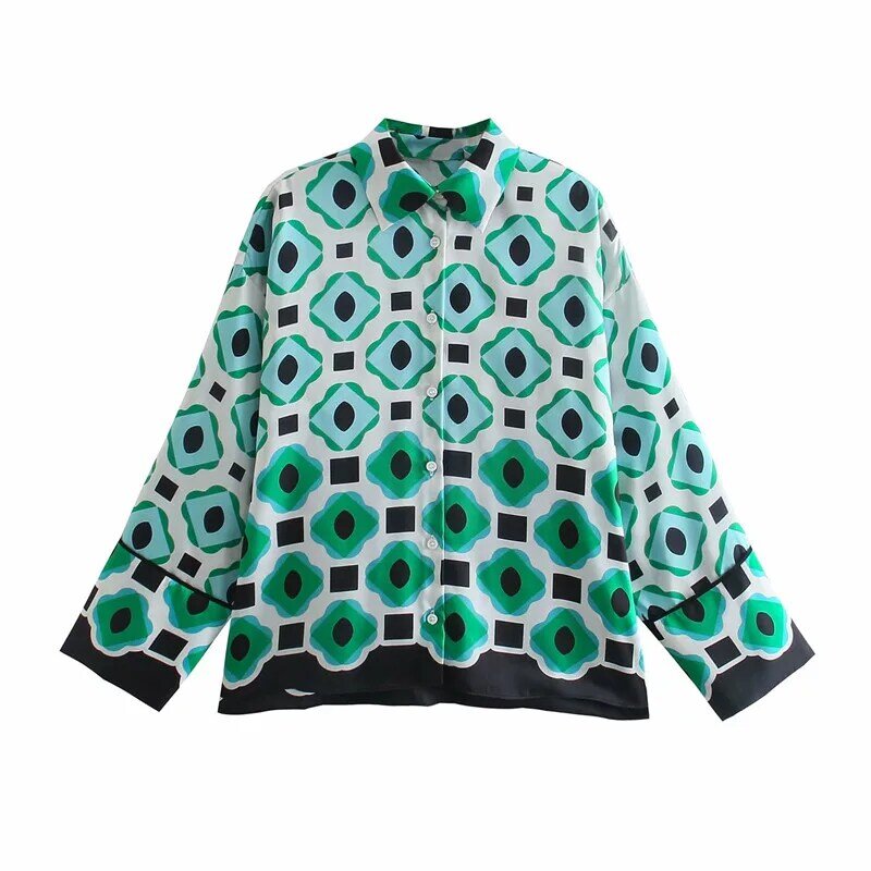 Camisa verde con estampado geométrico de estilo europeo y americano para mujer, Top holgado de manga larga con botones Retro Chic, 2021