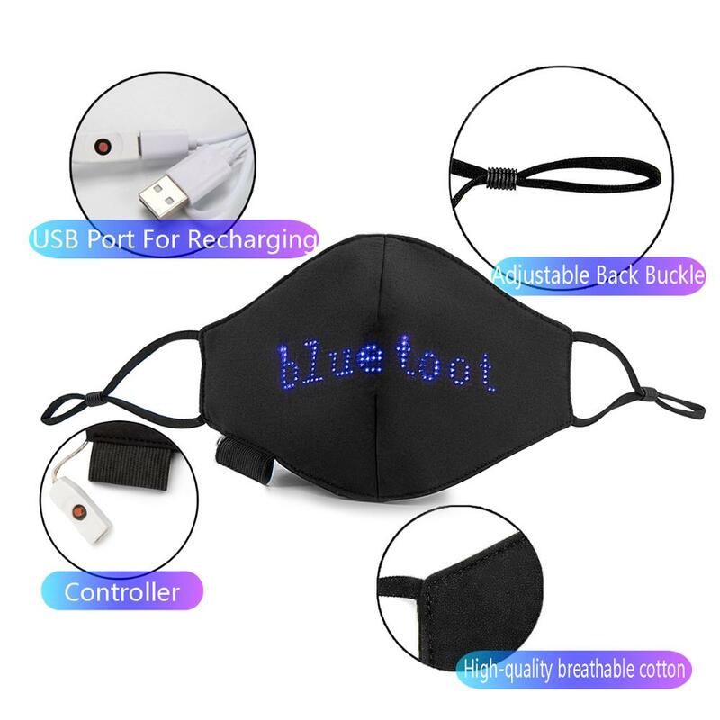 Bluetooth programável algodão reusável led máscara facial embutido bateria módulo led matriz programável mensagem de rolagem máscara de poeira