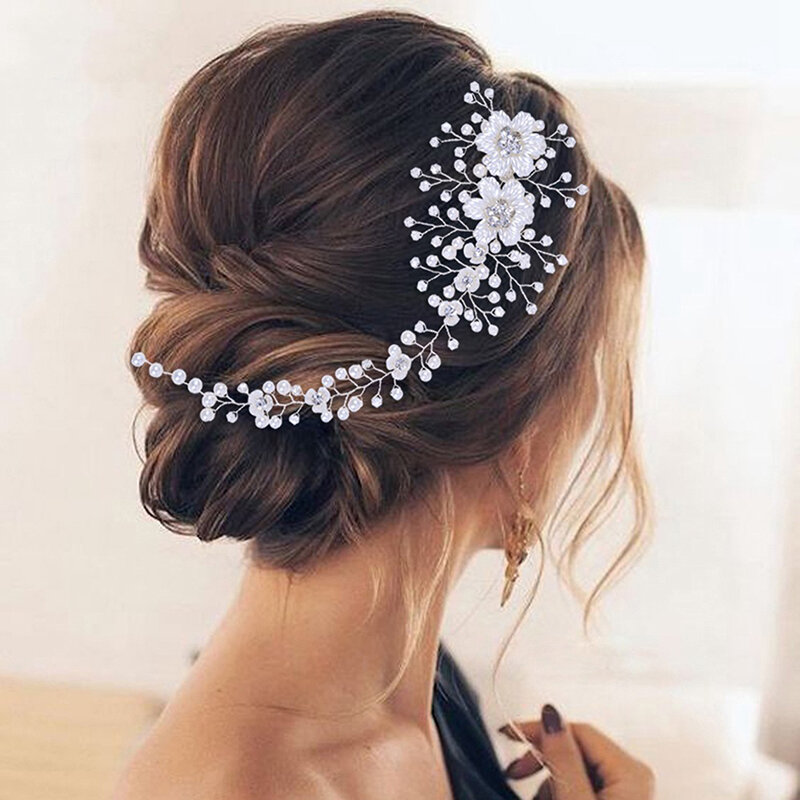 Bunga Elegan Kristal Ditiru Mutiara Headwear Pernikahan Ikat Kepala untuk Pengantin Wanita Tiara Pengantin Headpieces Rambut Perhiasan Aksesori