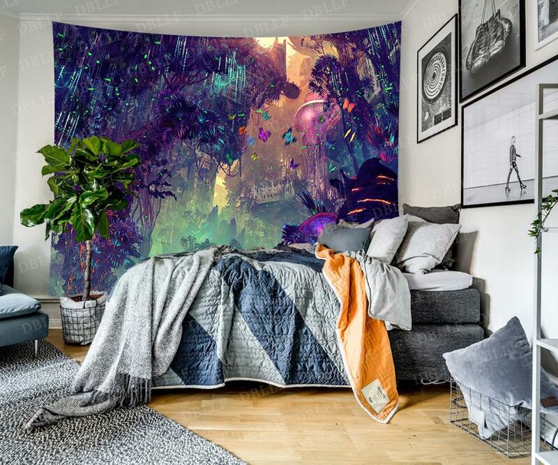 Simsant 버섯 숲 성 태피스트리 동화 Trippy 다채로운 나비 벽 매달려 태피스트리 홈 기숙사 판타지 장식