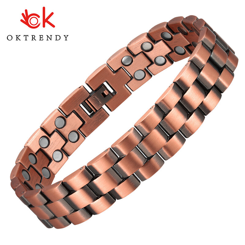 Oktrendy สไตล์คู่แถวแม่เหล็กสีแดงสร้อยข้อมือทองแดง15มม.Healthy Magnetic Bio Energy Link Chain Pulsera Masculina 8.5"