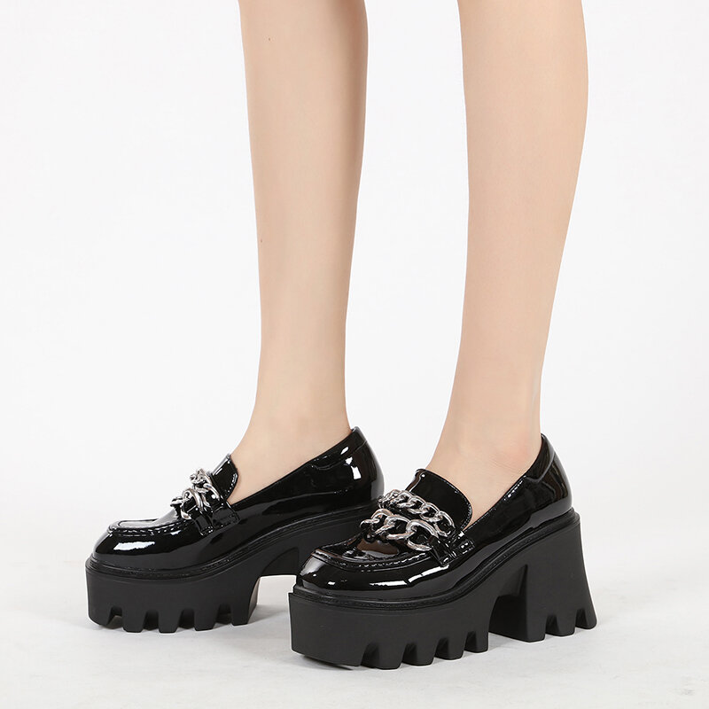 AIYUQI-zapatos de tacón alto con plataforma para mujer, mocasines con cadena de charol, punta redonda, otoño, 2021