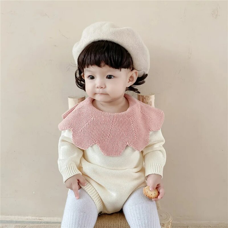 Yg0-2 Year Old Baby Girl's Large Petal Collar Contrast Knitting Wool One-piece Clothes Baby Bag Fart Ha Clothes Climbing Clothes