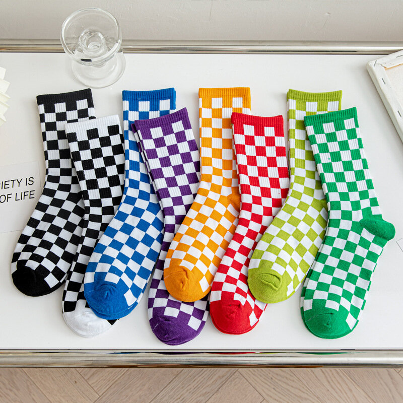 Homens meias de algodão de hip hop unissex streetwear novidade coreano harajuku tendência feminina xadrez meias geométricas