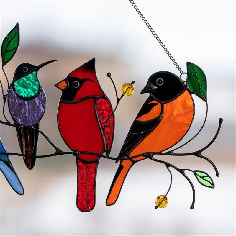 Multicolorido pássaros em um fio de alta manchada metal suncatcher janela painel arte 4/7 série pássaro ornamentos pingente decoração para casa