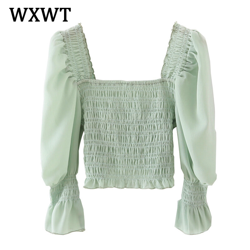 Wxwtファッション女性ソリッドパフ長袖弾性トップス2021レディーススリムショートXZ21021トップス