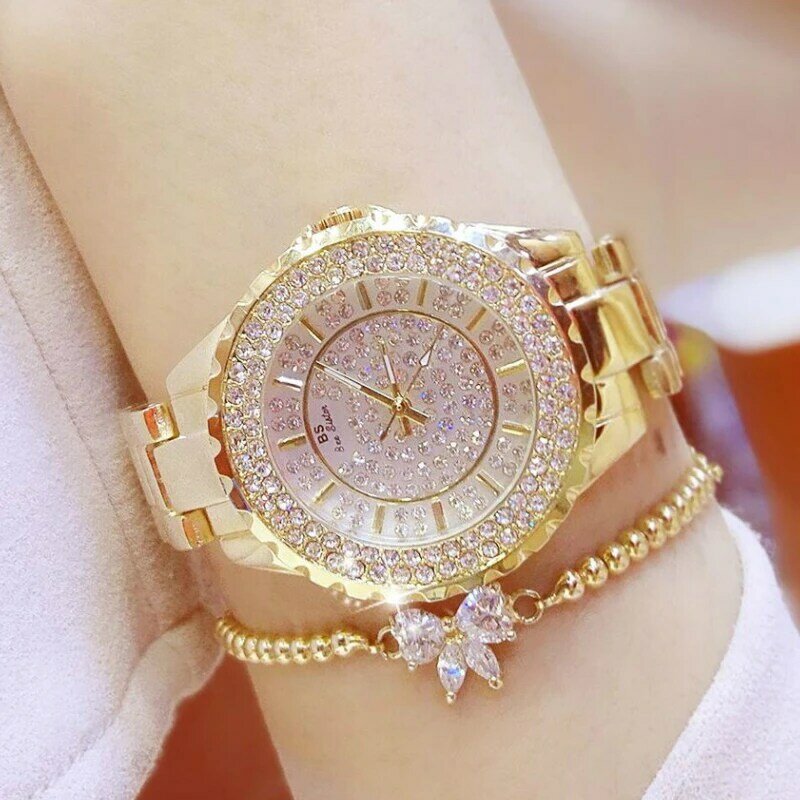 Relojes de pulsera de lujo para mujer, de cuarzo con diamantes, de oro, de acero inoxidable, femenino