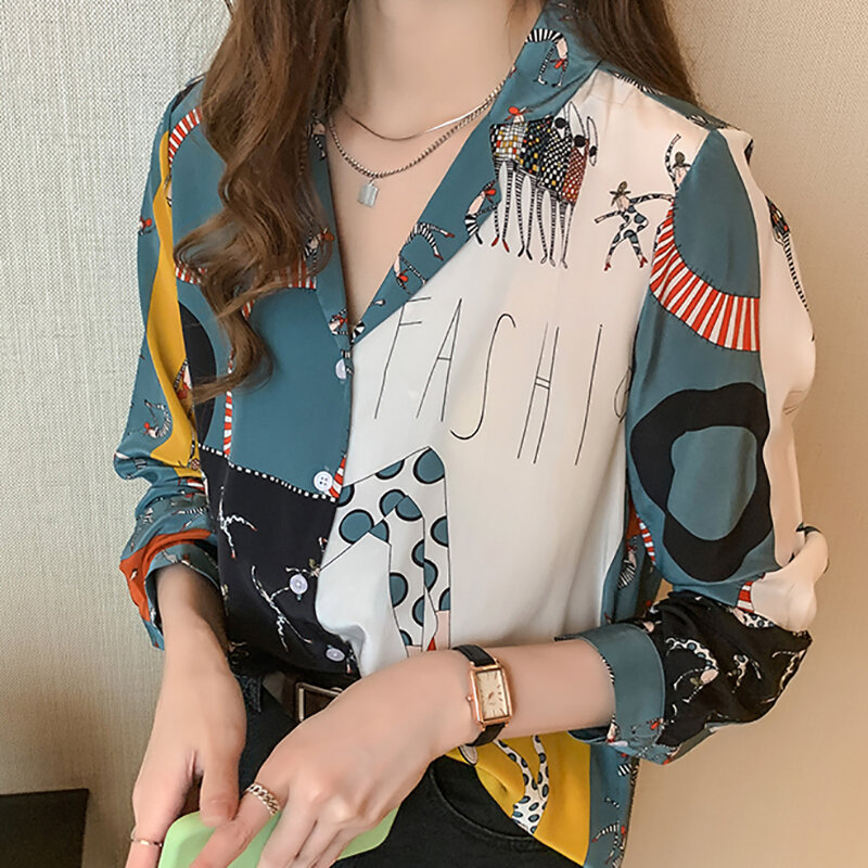 Shintimes Chiffon Blouse Notched Cartoon Print Shirt Women Long Sleeve 2022 Fall Streetwear Clothes Womens Tops Chemisier Femme