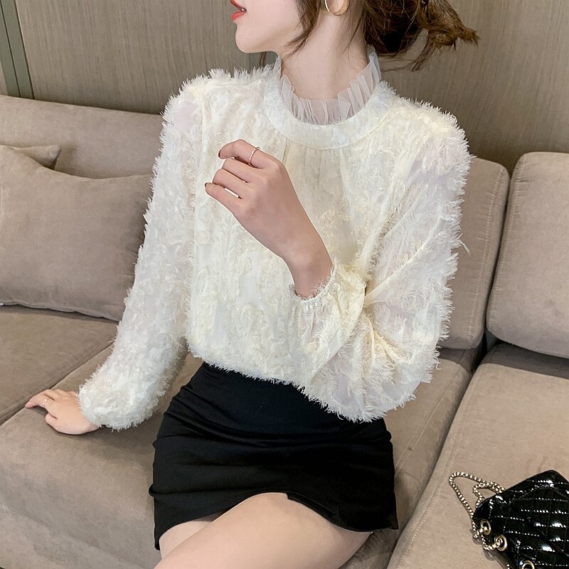 Women Blouses Lace Long Sleeve Top Stand Collar Fringe Blouse Ladies Office Workwear Blusas Mujer De Moda 2021 Verano