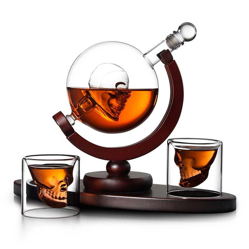 Decantador de whisky con soporte de madera, conjunto de Calavera, globo de Vodka, dispensador de licor con 2 gafas