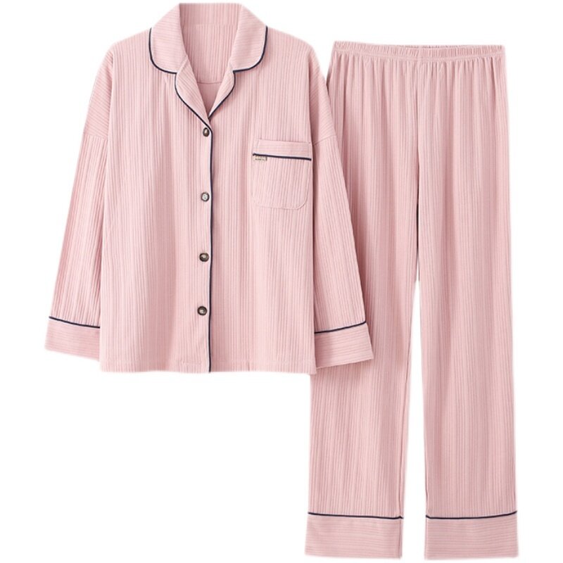 Puro algodão casal pijamas feminino primavera e outono manga comprida cardigan pode usar fino masculino casa terno no outono e