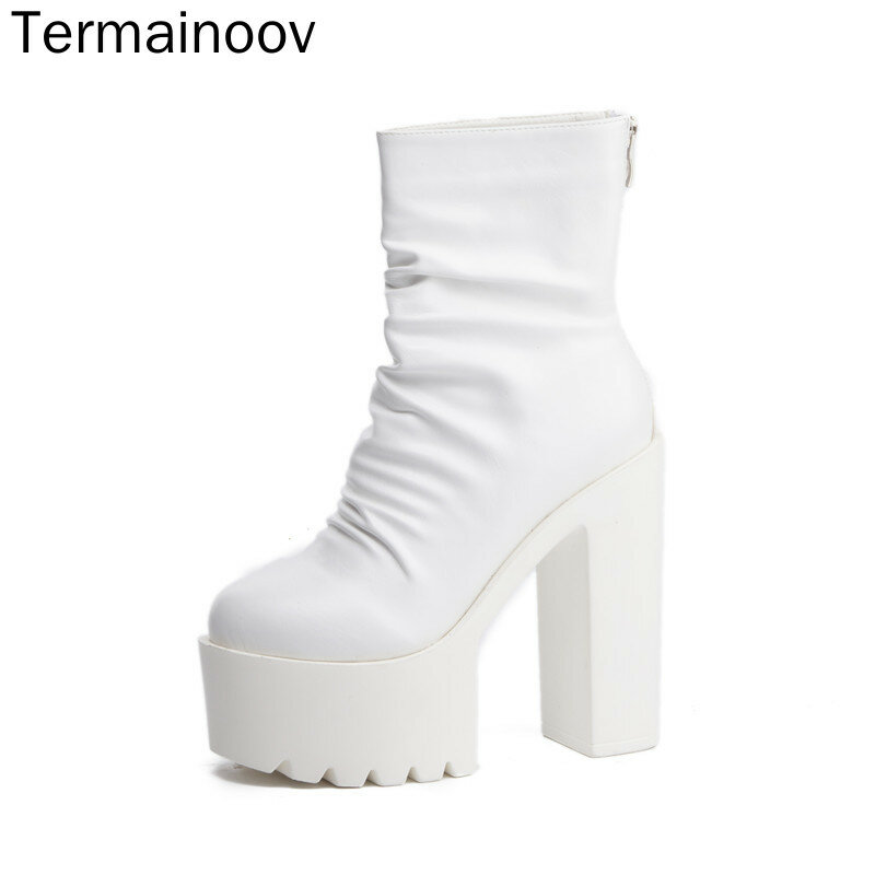 Termainoov-Botas de tacón alto para mujer, botines de tacón alto, plataforma gruesa, impermeable, punta redonda, zapatos cortos con cremallera, para invierno