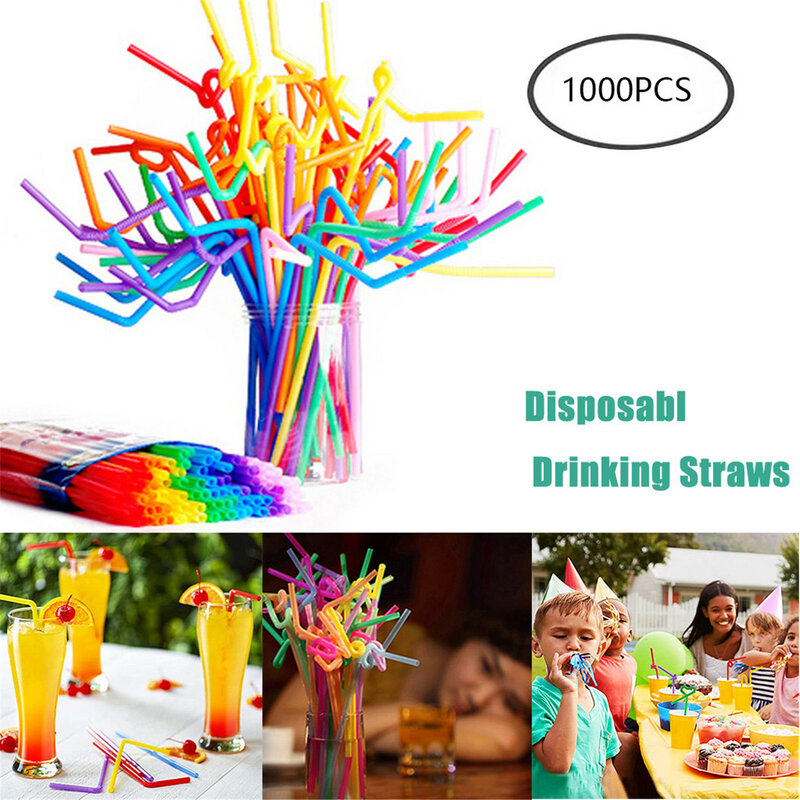 Pailles à boire en plastique jetables, 1000 pièces, multicolores, rayé, coude, boisson, fournitures de fête d'anniversaire