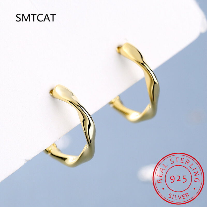 SMTCAT 925 orecchini a cerchio in argento Sterling per le donne ragazza torsione orecchini onda elegante prevenire allergia gioielli S-E1350