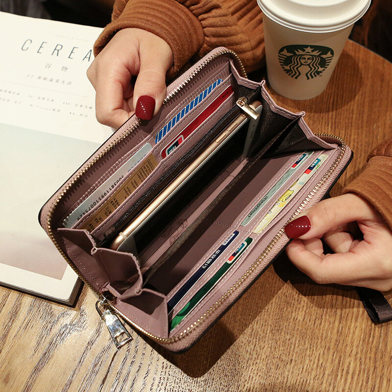 Portafoglio in pelle Pu da polso per donna borsa lunga frizione moda coreana per telefono porta carte di credito da donna con tasca portamonete con cerniera