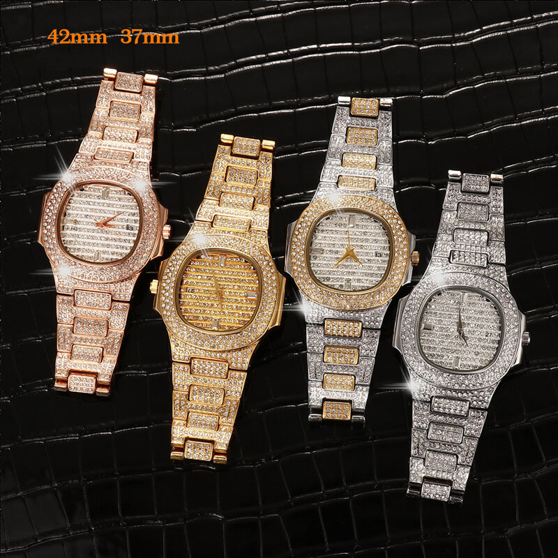 男性と女性のためのラインストーン付きの高級クォーツ時計,ステンレススチールブレスレット,ゴールドカラー,ユニセックス,時間