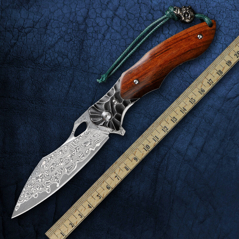 高品質の木製ハンドル付き折りたたみナイフ,ダマスカス鋼,ハンドメイドナイフ,サバイバルツール