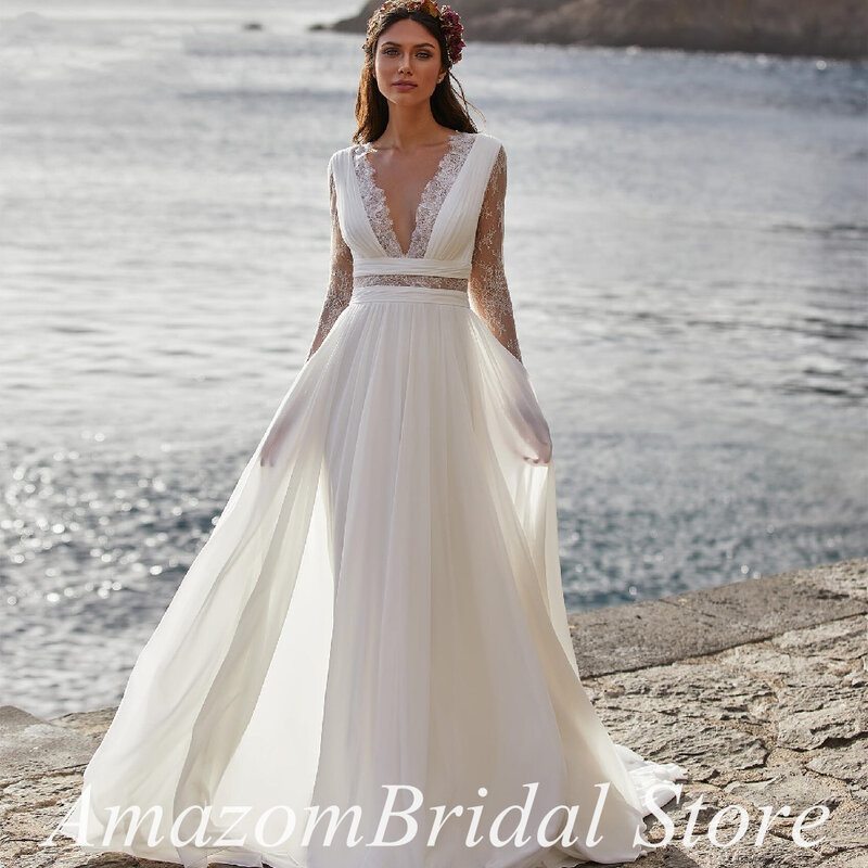 Lace Wedding Dress Long Sleeve V-Neck Chiffon A-Line Elegant Prom Party Gowns Long Custom Made свадебное платье robe de mariée22