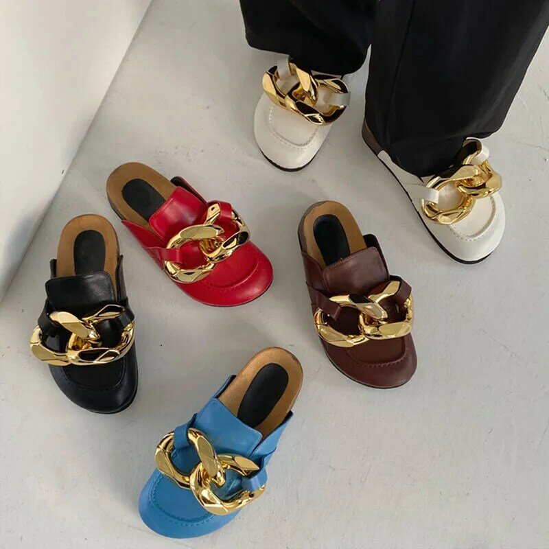 Sandalias con cadena dorada para mujer, zapatillas de suela gruesa, cómodas, informales de tacón bajo, de lujo, 2021