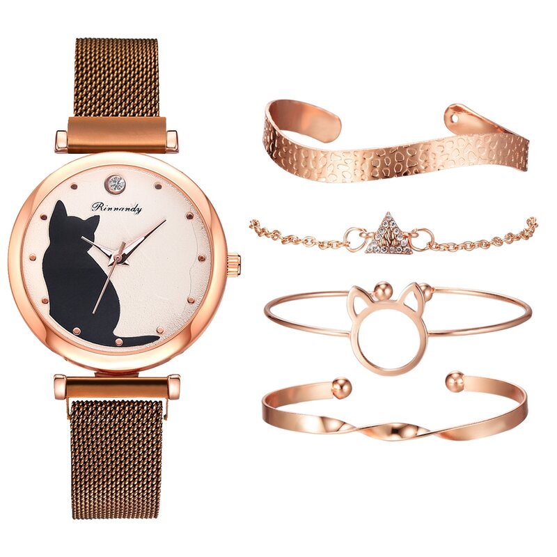Fashion Horloge Set Vrouwen 5Pcs Quartz Horloge Mesh Armband Kat Wijzerplaat Luxe Vrouw Horloge Casual Dames Klok Relogio Femenino