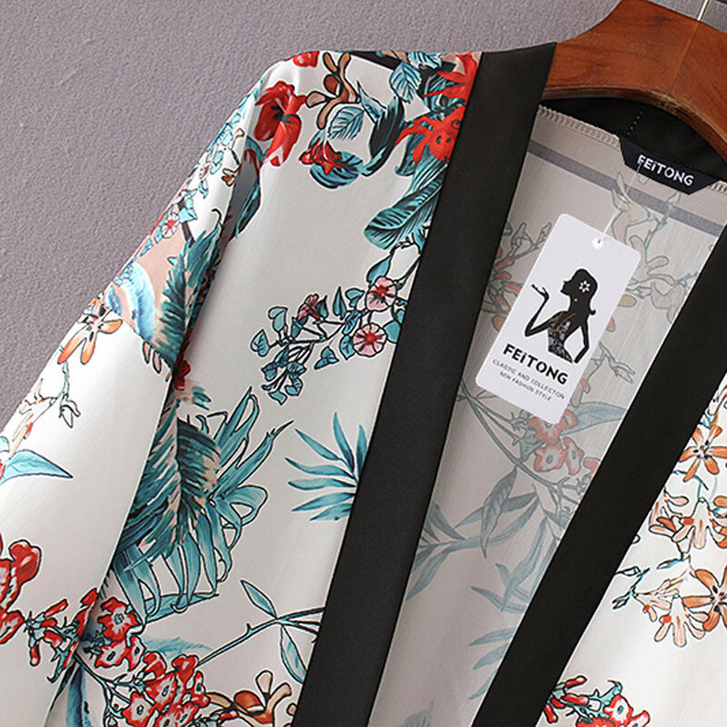 2021ใหม่ยาว Kimono Cardigan สตรีเสื้อเข็มขัดผ้าพันคอ Shawl พิมพ์สบายๆ Kimono Cardigan บิกินี่ Cover Up เสื้อ Beachwear