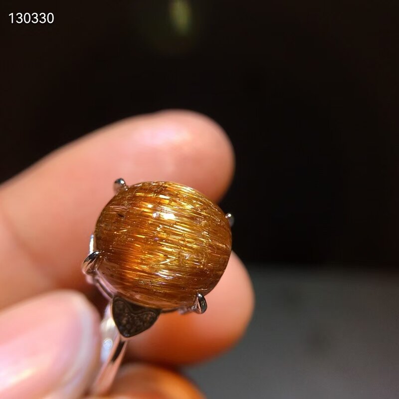 Genuíno de cobre natural rutilated quartzo feminino anel ajustável 925 prata 11.2/10.5mm esfera oval contas aaaaaa genuíno