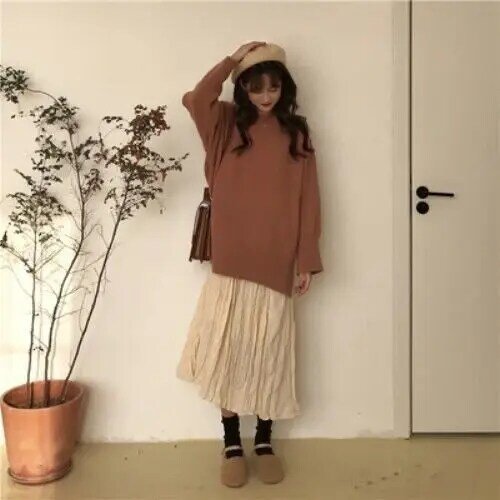 Mingliusili-無地の韓国スタイルのニットセーター,長袖,流行の秋冬服,2021