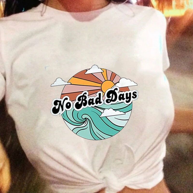 Camiseta feminina casual branca, camiseta de tamanho grande para férias e praia, para o melhor surf, estilo retrô e casual