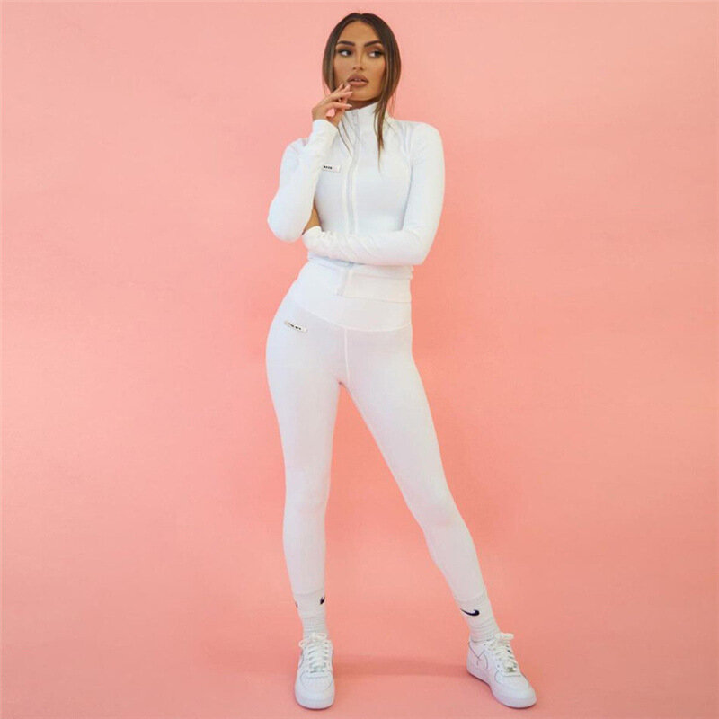 Casual Women Tracksuit Print Letter Two Piece Biker Two Piece Set Slim Zipper Sportsuit High Waist Pants Casual Outfit Matching