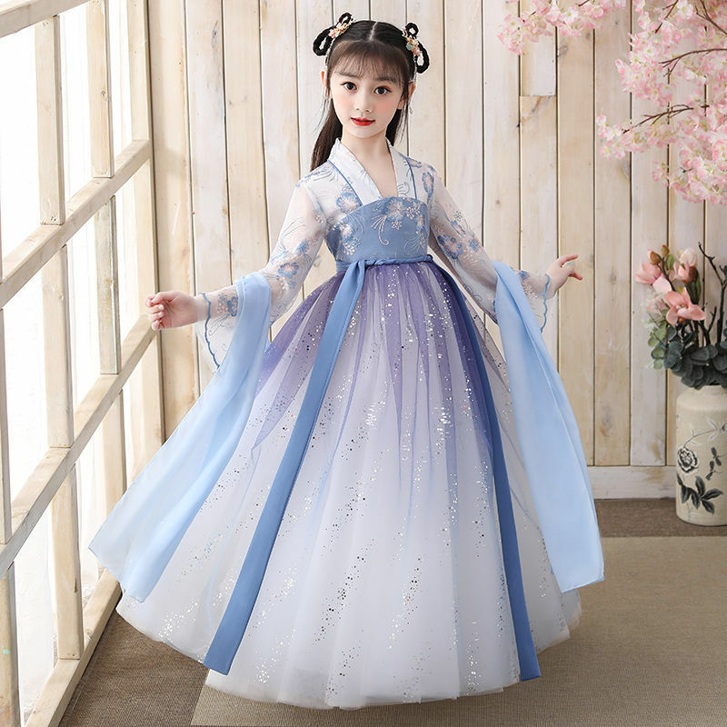 В традиционном китайском стиле в народном стиле платье для танцев с изображением сказочного героя для девочек юбки с вышивкой, Hanfu, платья п...