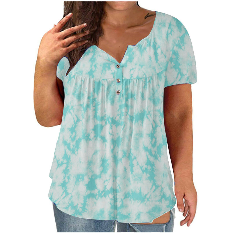 Koszule damskie bluzki Plus rozmiar dekolt w szpic przycisk druku z krótkim rękawem topy koszulka bluzka Femme Blusa Feminina Streetwear