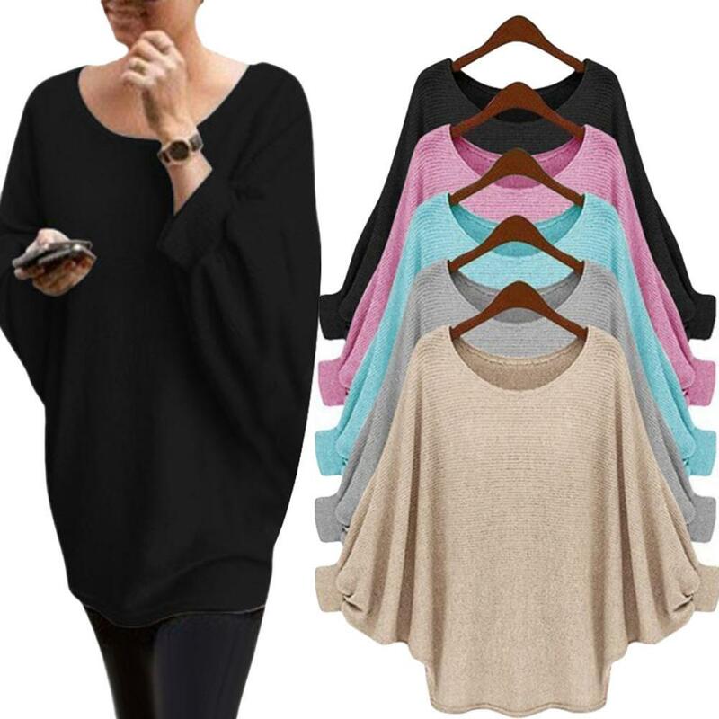 Batwing Long Sleeve O Neck Sweater Loose Solid Color Casual Oversize Pullover Daily Woman Lady Clothing High Quality Wholesale
