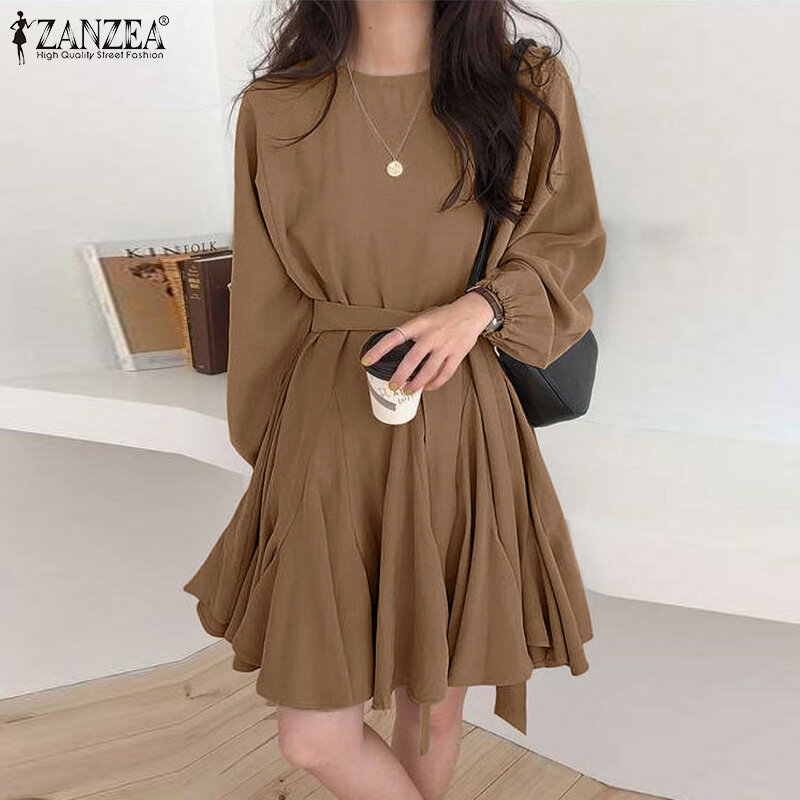 ZANZEA – Robe courte plissée à manches longues et col rond pour Femme, tenue surdimensionnée avec ceinture, couleur unie, collection printemps