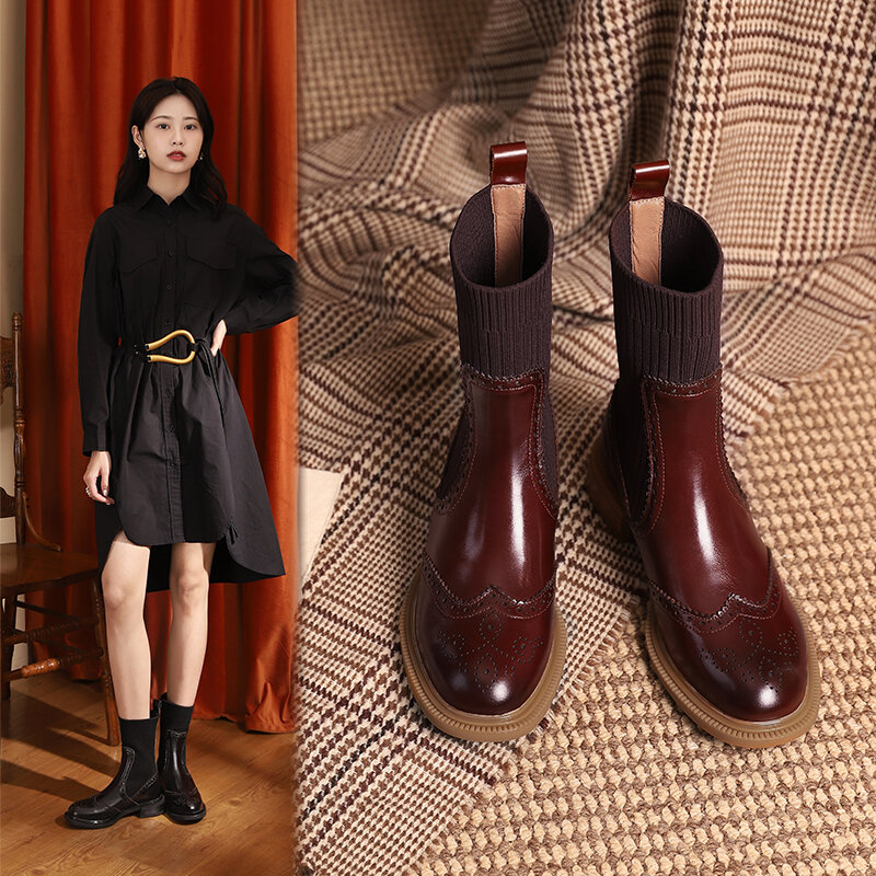 女性のためのレトロな革の靴,丸いつま先のブーツ,ファッショナブルな,秋と冬