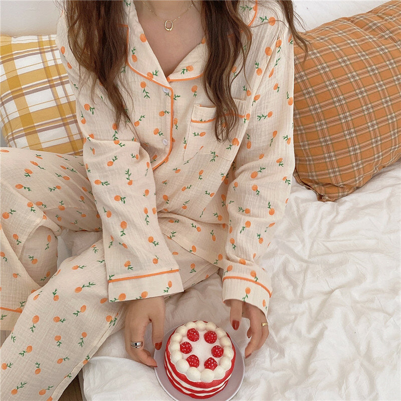 comfortable soft 100% cotton pajamas set women sleepwear home suit long sleeve top elastic waist pants pyjamas loungewear